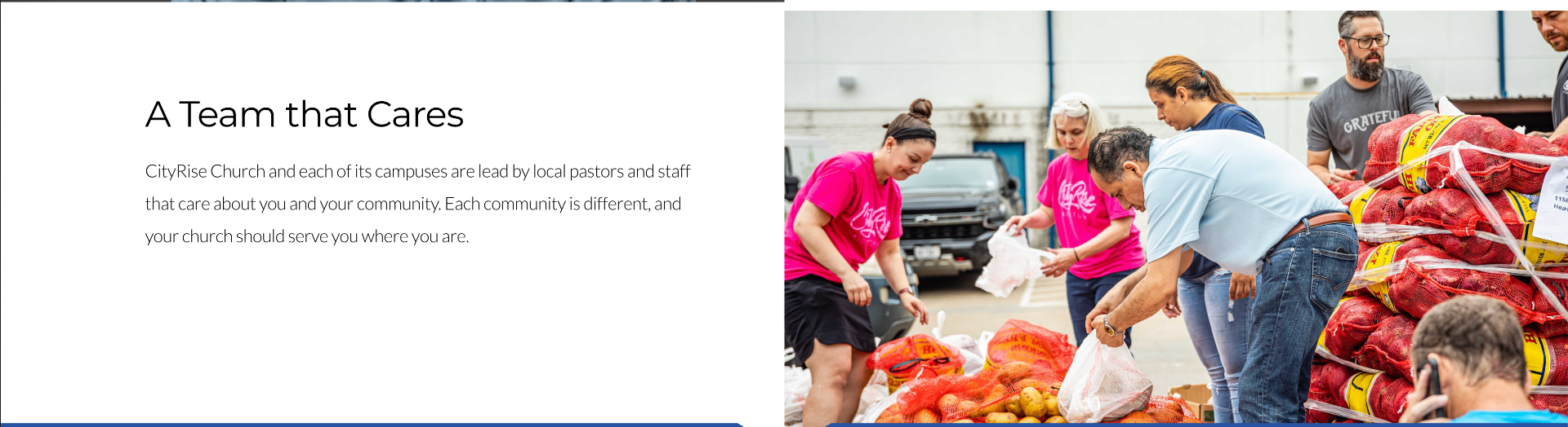 Split-layout website section pairing pastoral copy with outreach photography