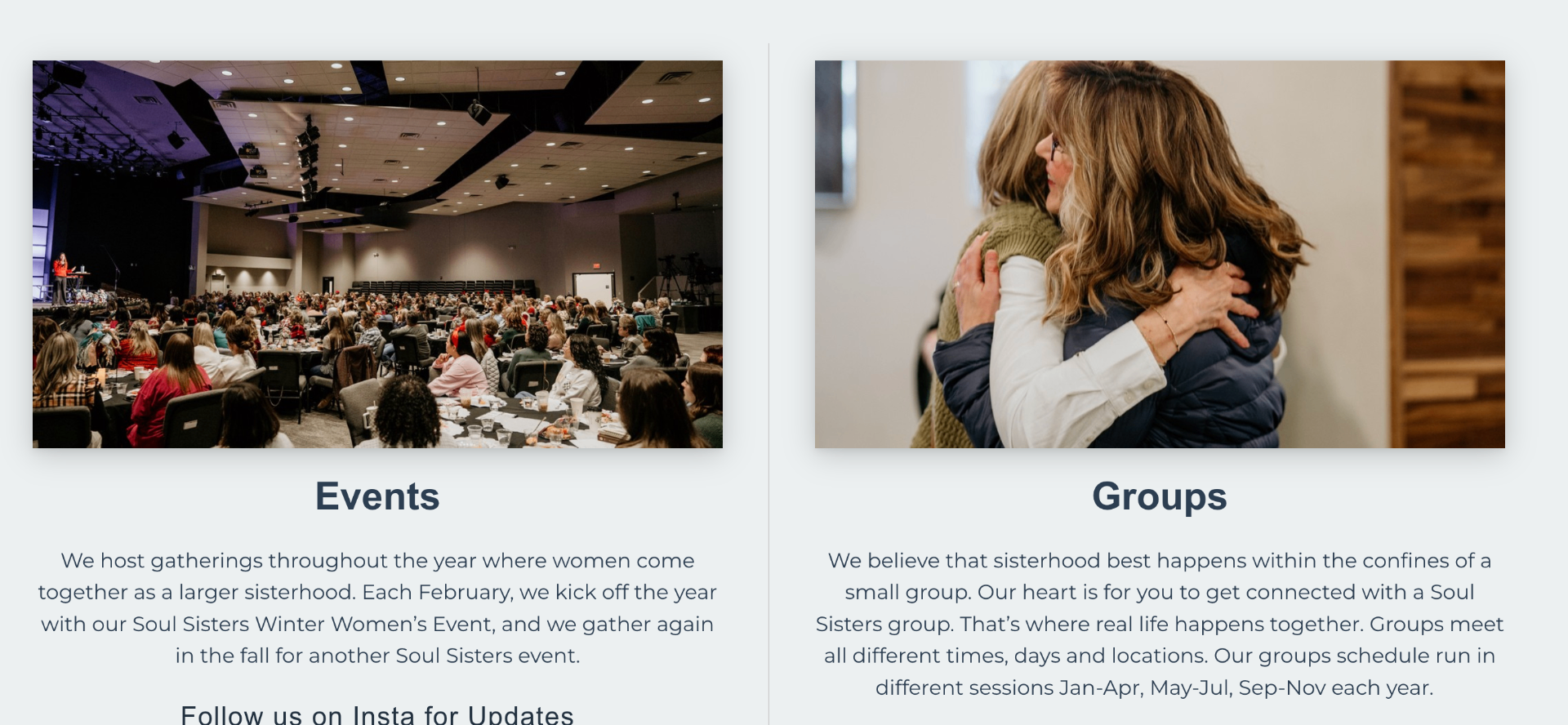 Reference split section contrasting events imagery with small group imagery