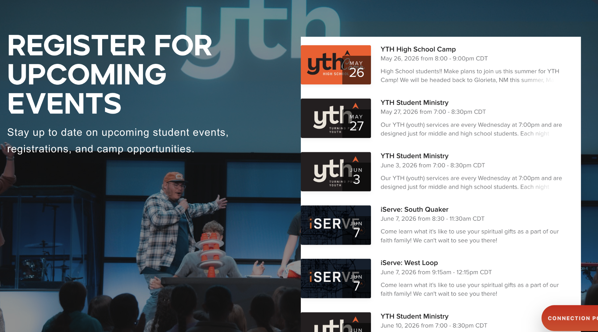 Reference section for upcoming student events layered over a live stage photo