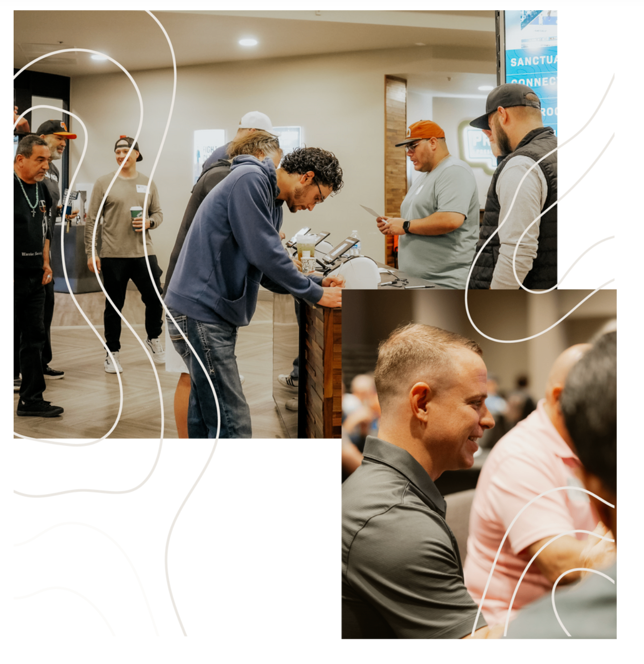 Reference collage showing men checking in at a lobby desk and talking at a table