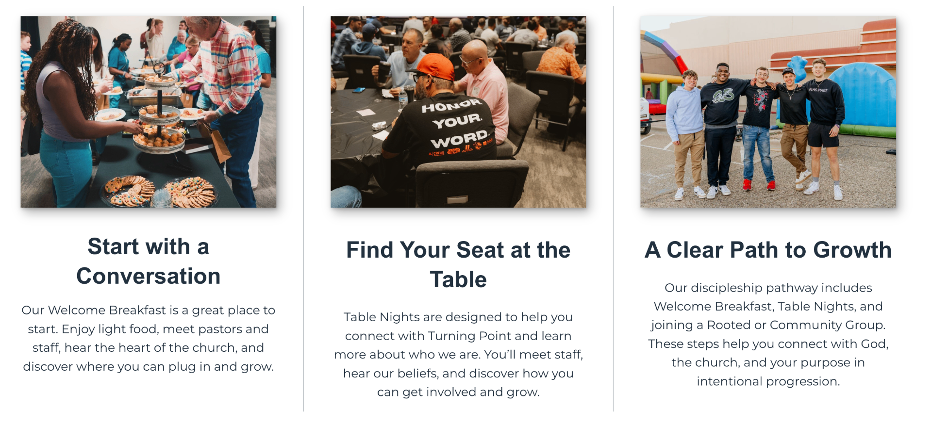 Three-column next steps reference section with welcome, table, and growth imagery