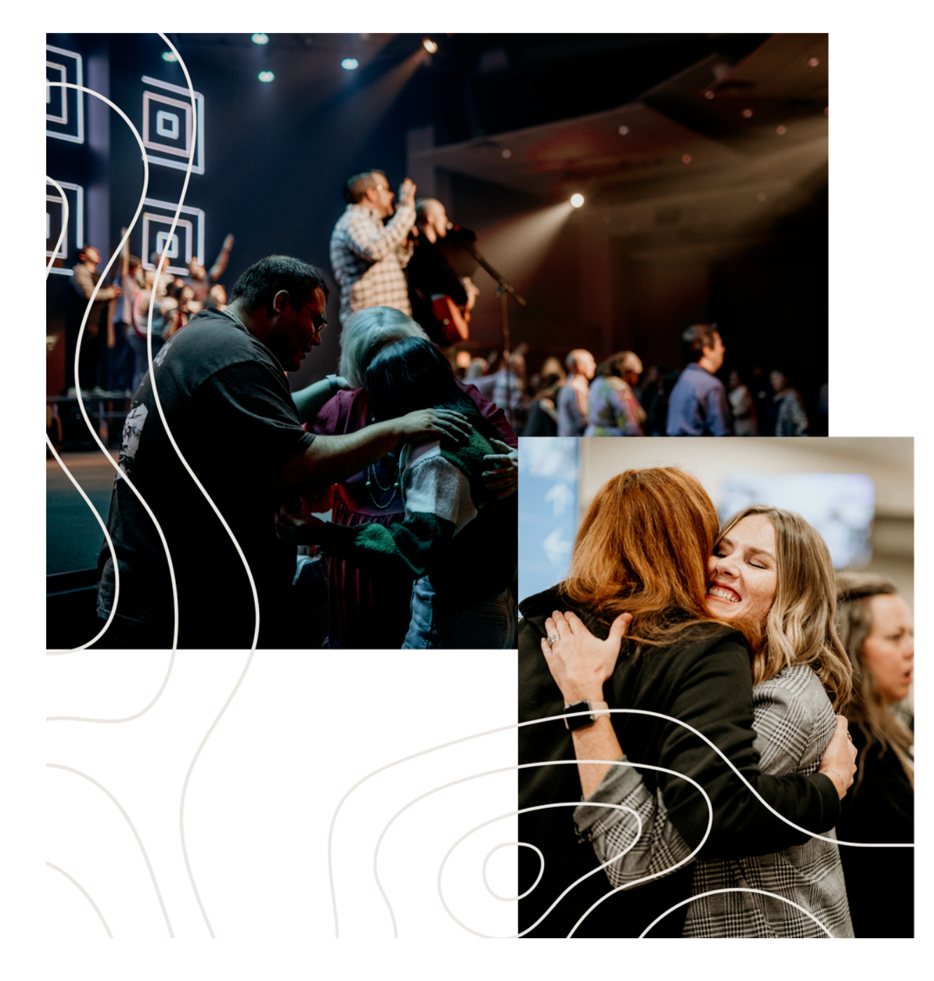Reference collage showing prayer during worship and a caring embrace in the lobby