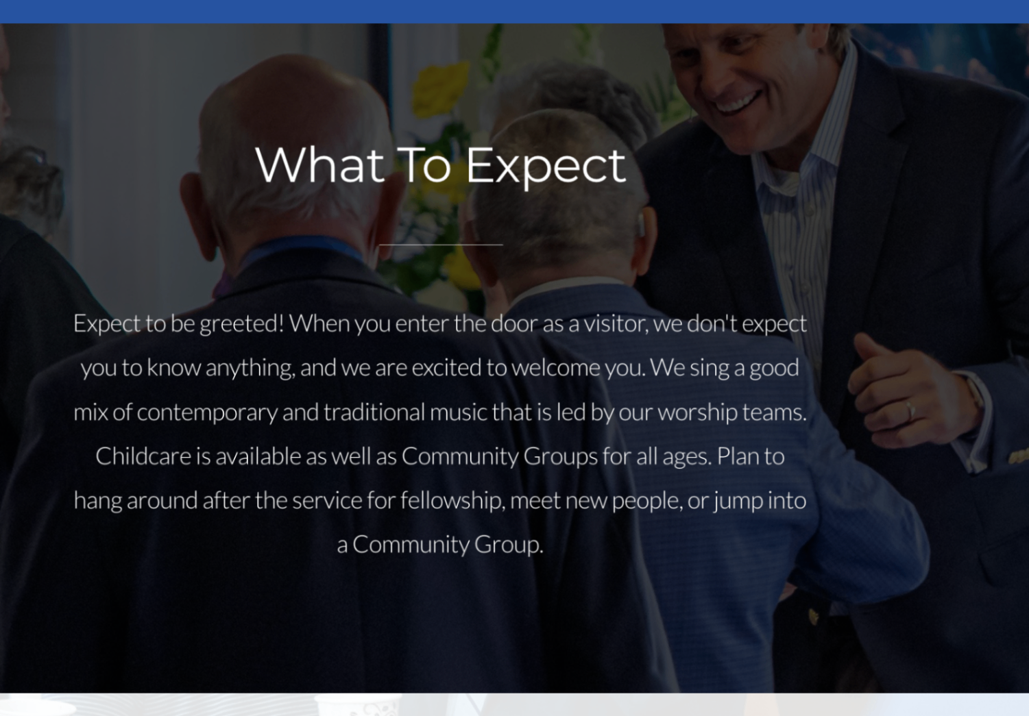 Visitor experience reference section with headline text over a warm church greeting photo
