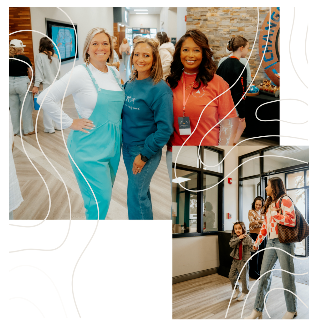 Reference collage showing women serving in a lobby and a mother arriving with children
