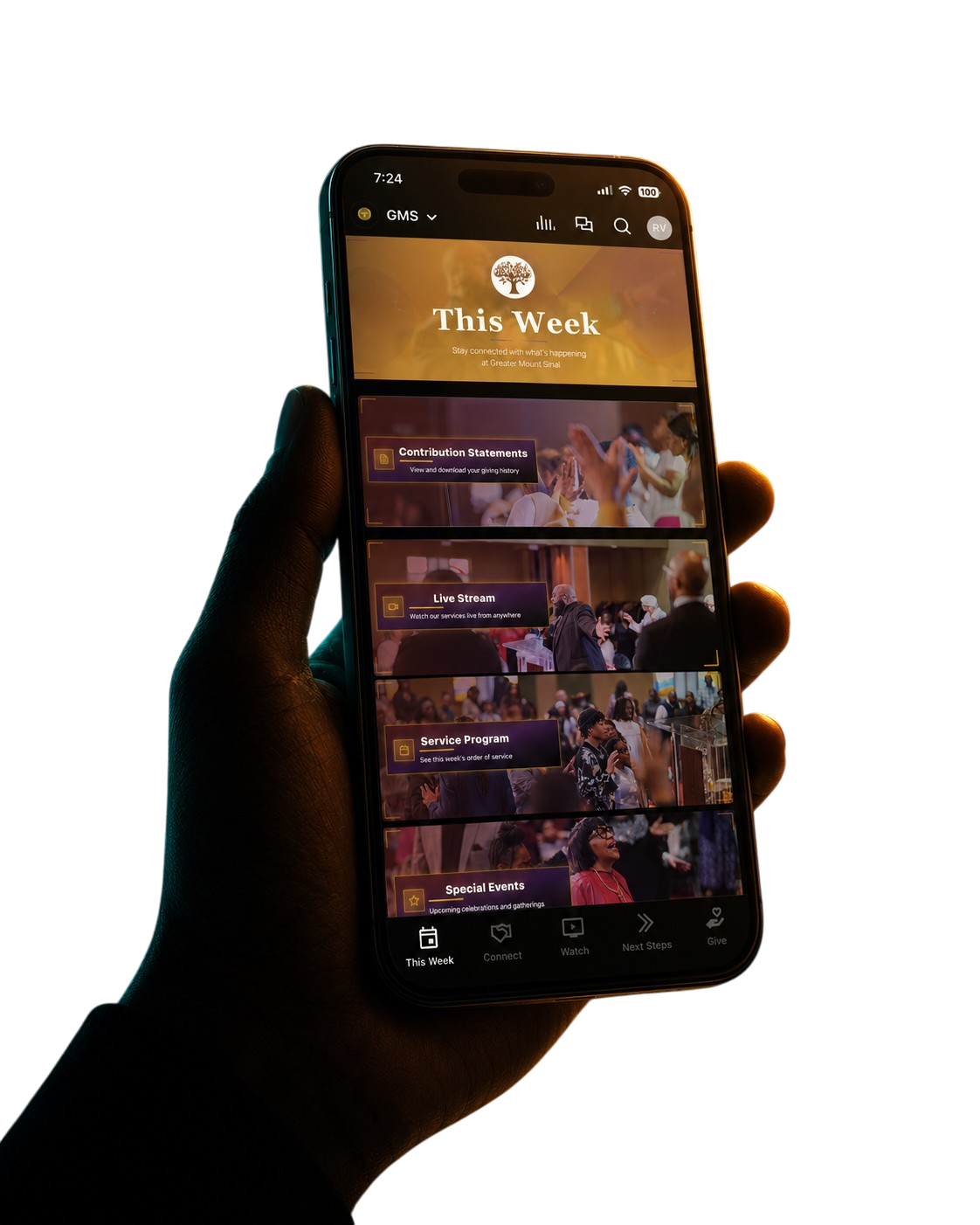 Hand holding a phone showing a custom Subsplash church app This Week screen