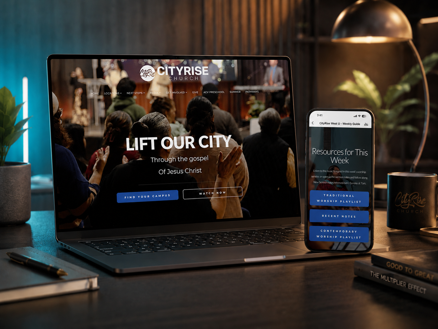 CityRise Church Subsplash website shown on a laptop