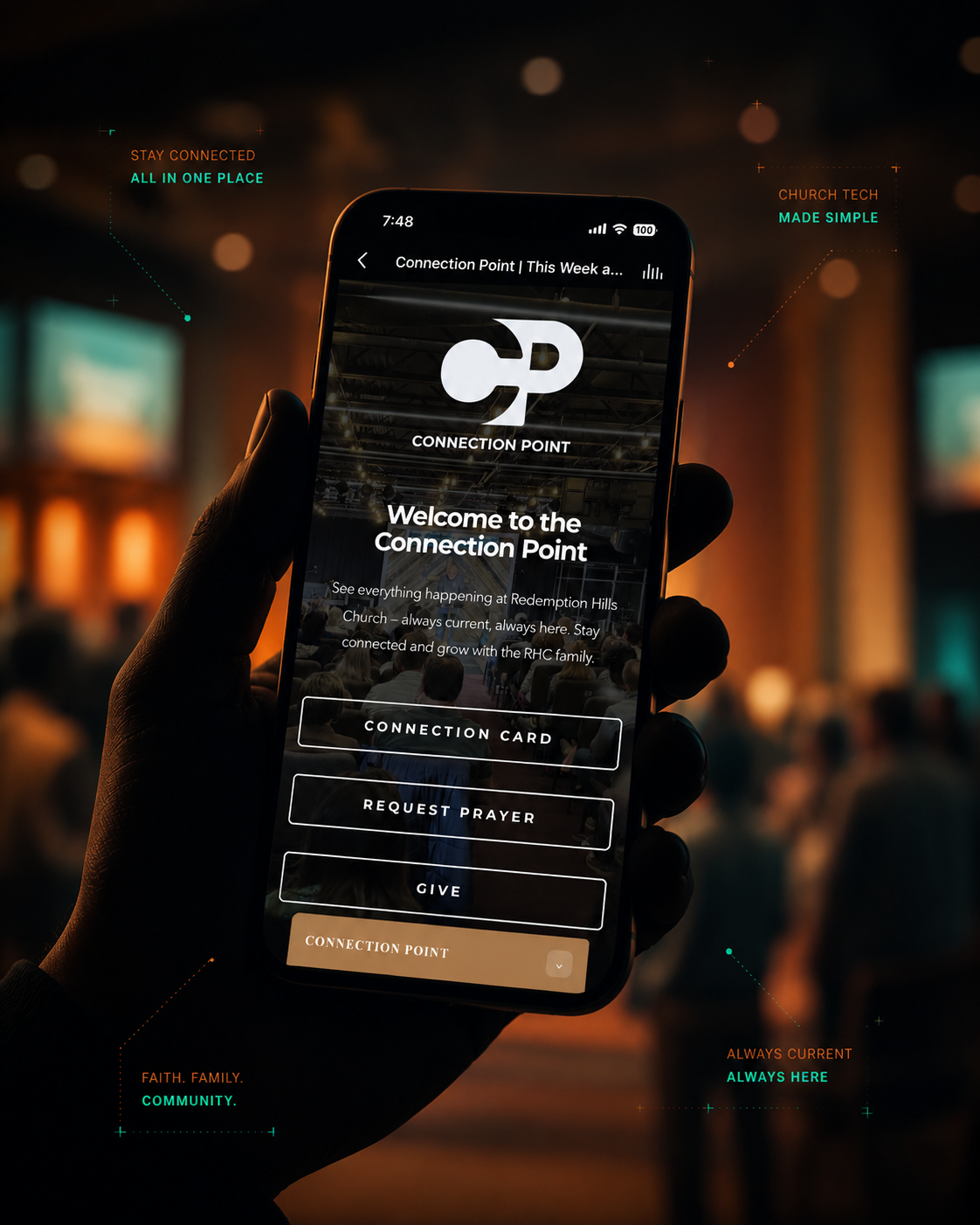 Redemption Hills Subsplash church app shown on a phone
