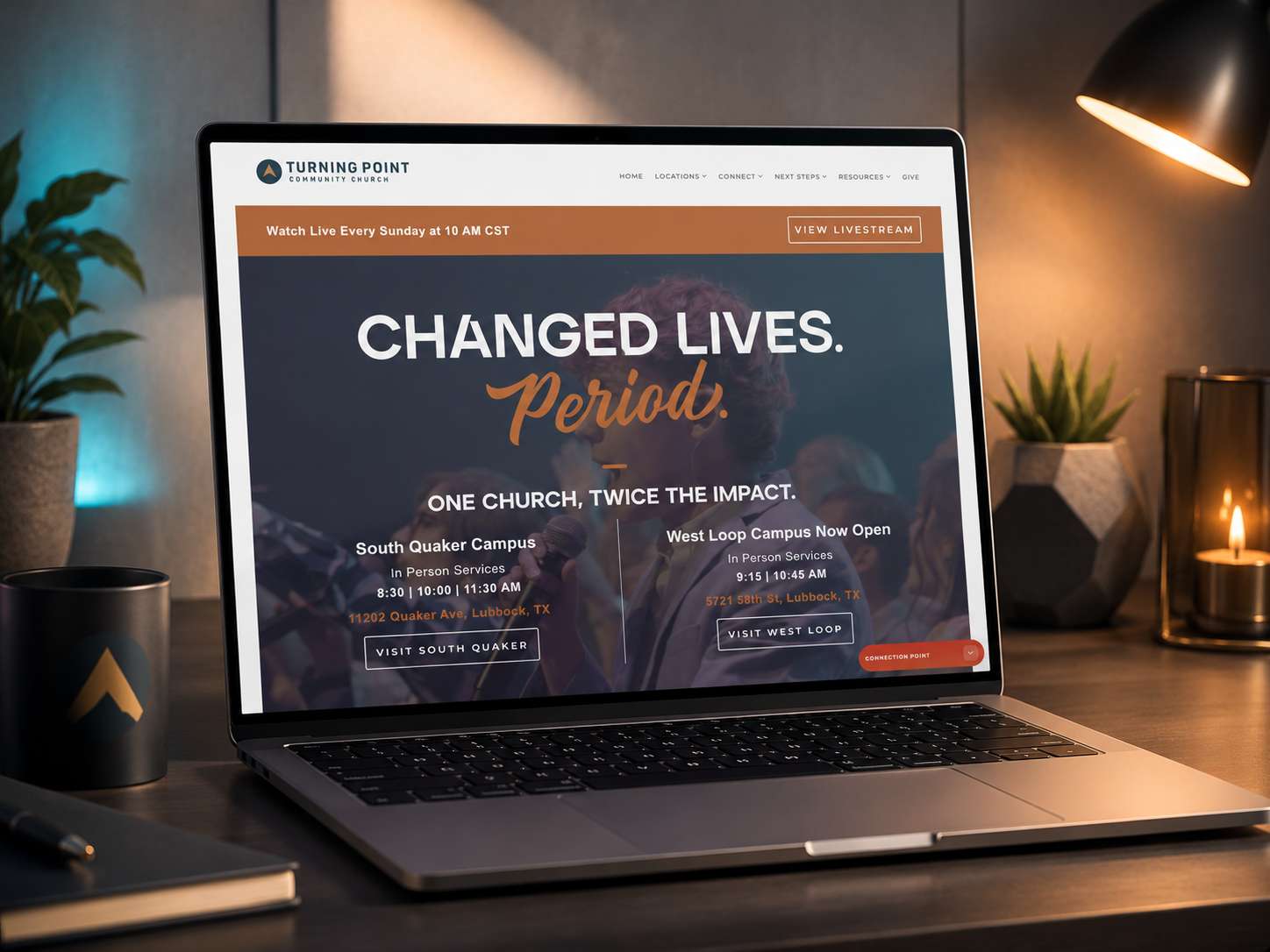 Turning Point Community Church Subsplash website shown on a laptop